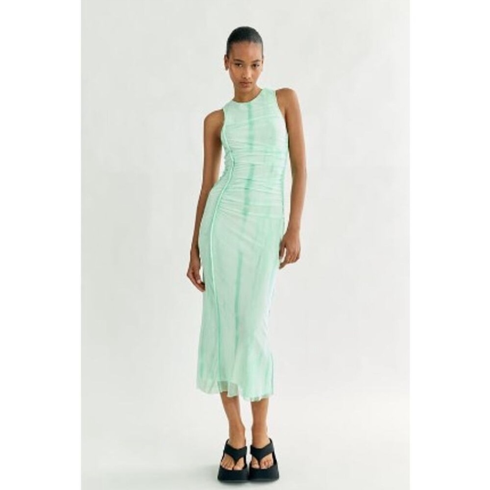 Zara Lime Green Tulle Ruched Sleeveless Maxi / Midi Dress Size Large
